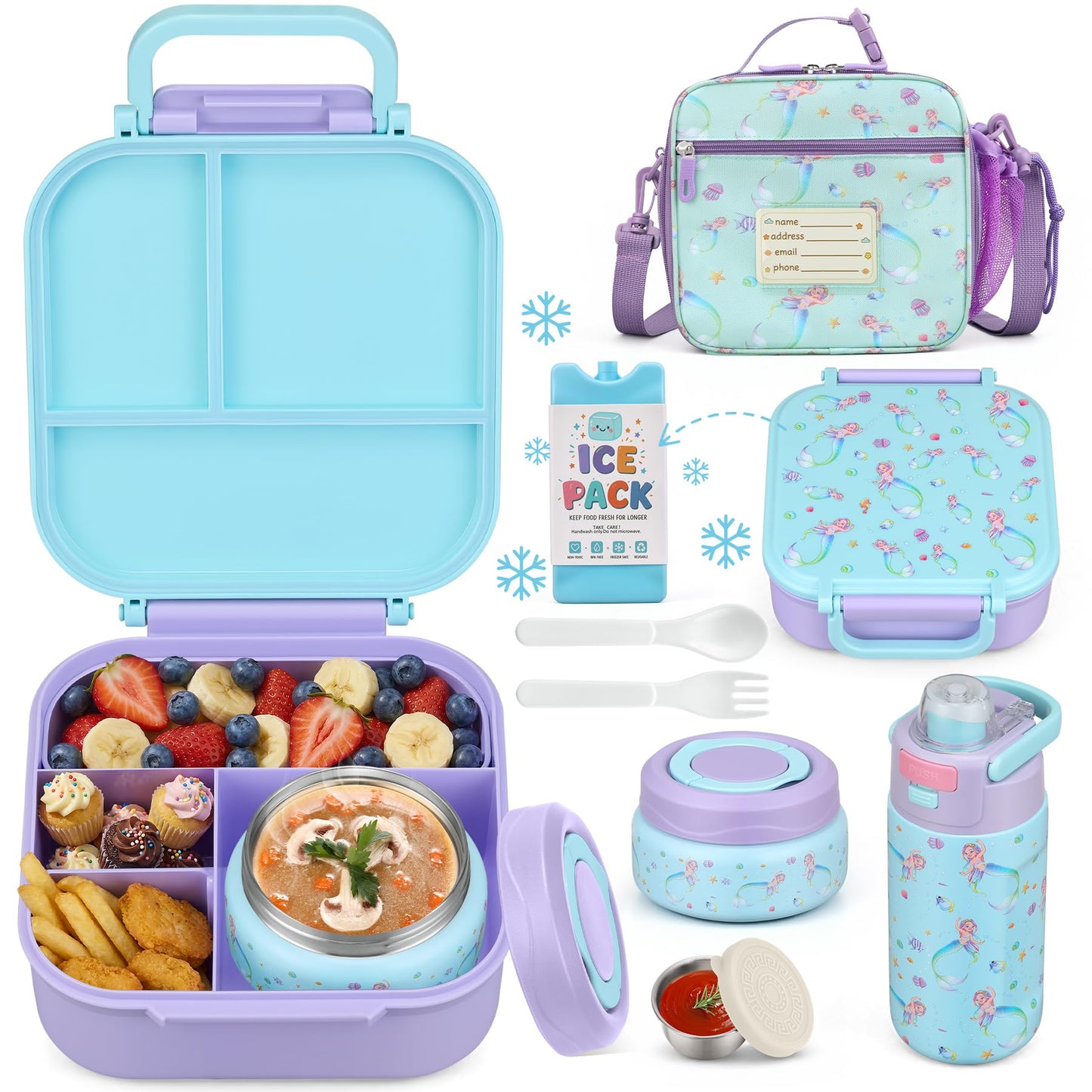 Bento Lunch Box for Kids with 7oz Soup Thermo,Insulated Stainless Steel Kids Water Bottle with Straw and Insulated Lunch Bag,Leak-Proof Lunch Food Container with Ice Pack for School(Purple-Mermaid)