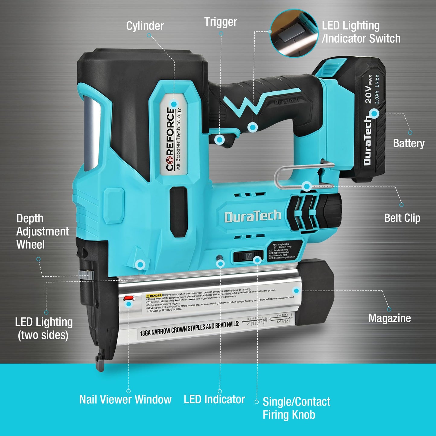 DURATECH 20V Cordless Brad Nailer, 18 Gauge, 2-in-1 Nail/Staple Gun for Upholstery, Carpentry, Including 2.0Ah Rechargeable Battery, 1H Quick Charger, 1000 Staples, 1000 Nails and Carrying Case