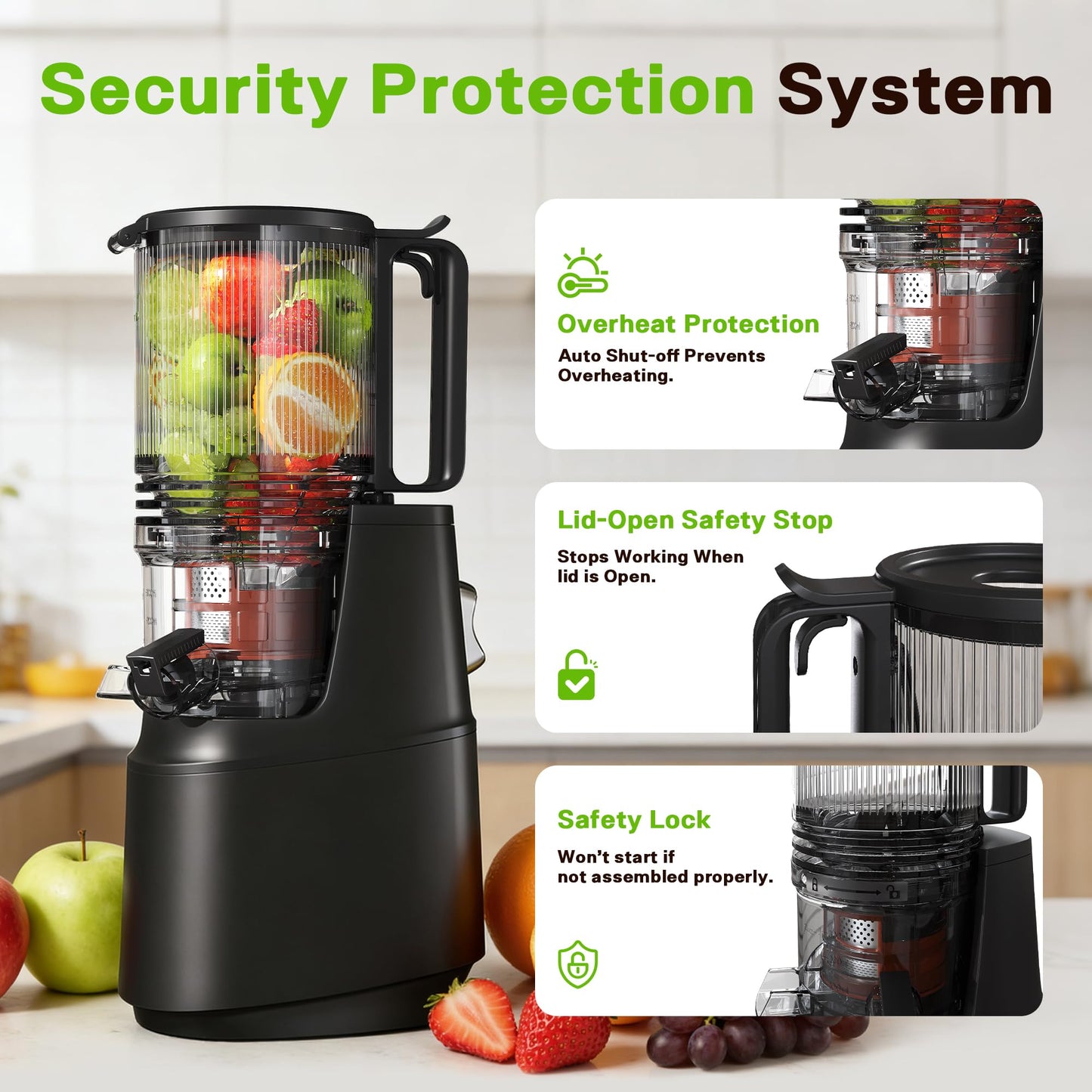 Cold Press Juicer Machine with 5.3" Wide Feed Chute, Slow Masticating Juicer for Whole Fruits & Vegetables, High Juice Yield, Black