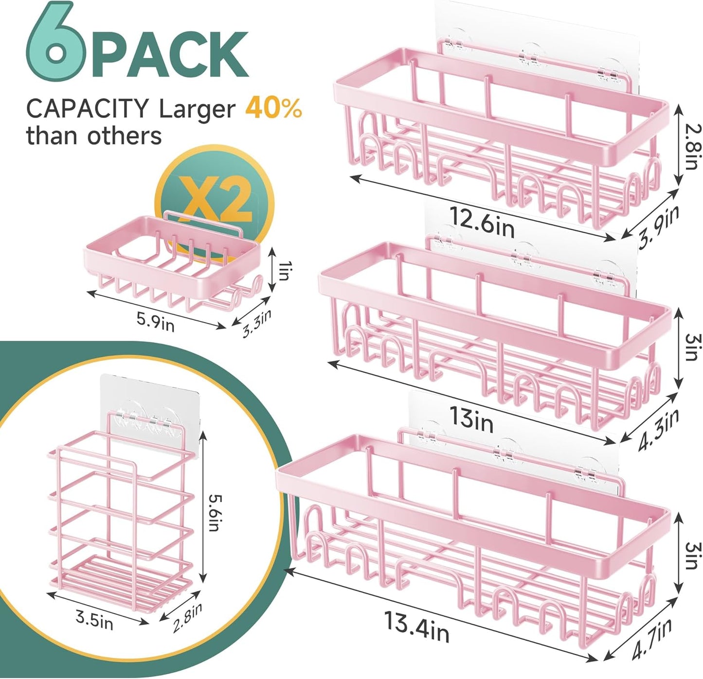 Veken Large Capacity Shower Caddy - Rustproof Adhesive Shelves with Soap Holder | 6-Pack Pink Bathroom Organizer