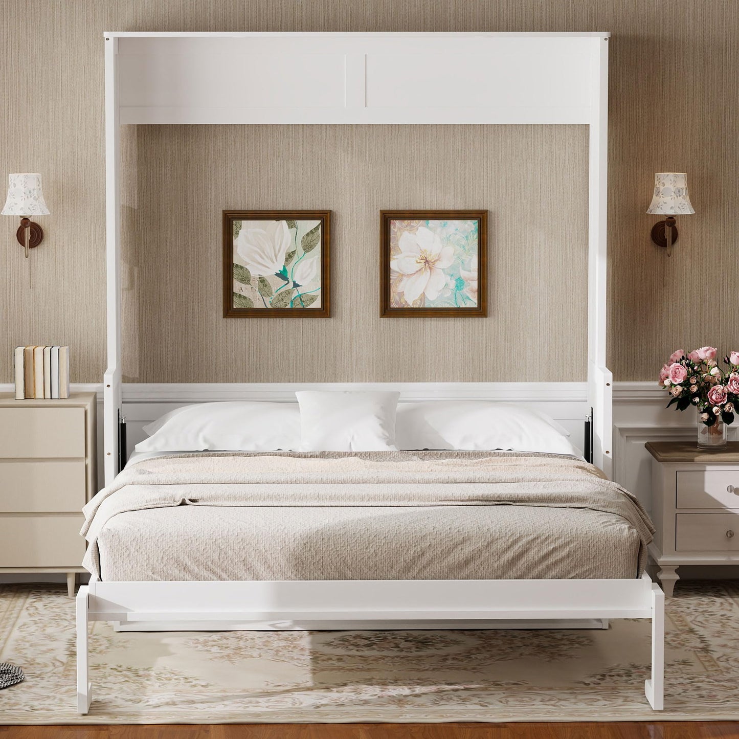 Ball & Cast Queen Size Murphy Bed with Desk,Hideaway Beds w/LED Lights and USB Charging Station,Wood Wall Cabinets Bedframe,Slat Support,Dual Piston Metal Folding Mechanism Designed,White
