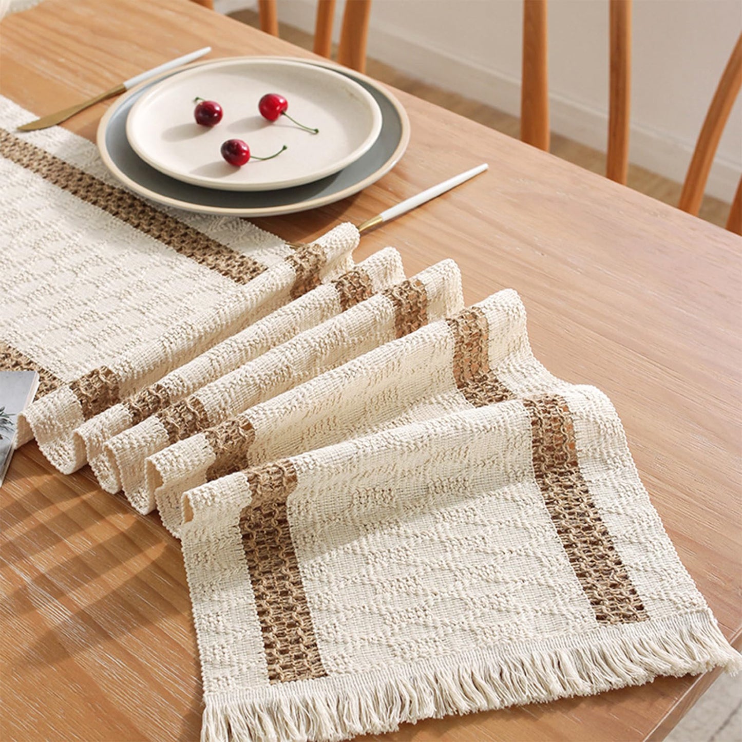 Niviy Boho Table Runner 90 Inches Long Summer Farmhouse Macrame Table Runner Cotton Linen Woven Table Runners for Fall Dining Table Home Baby Bridal Shower Decor , Beige & Brown