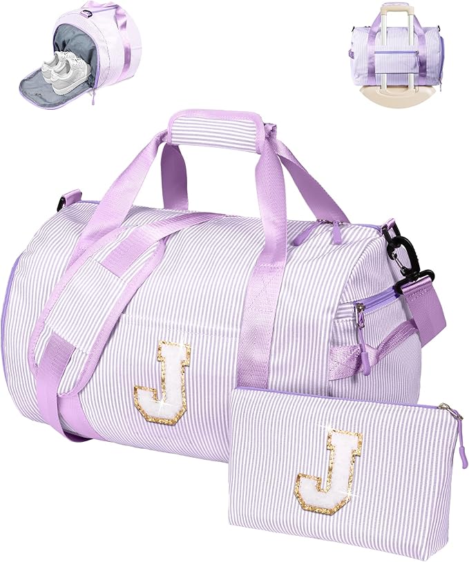 Birthday Gifts for Granddaughter, Girl Gym Bag, Kids Initial Overnight Duffel Bags with Shoe Compartment, Personalized Dance Bag with Makeup Pouch, Purple Gift for Little Kid (Letter J)