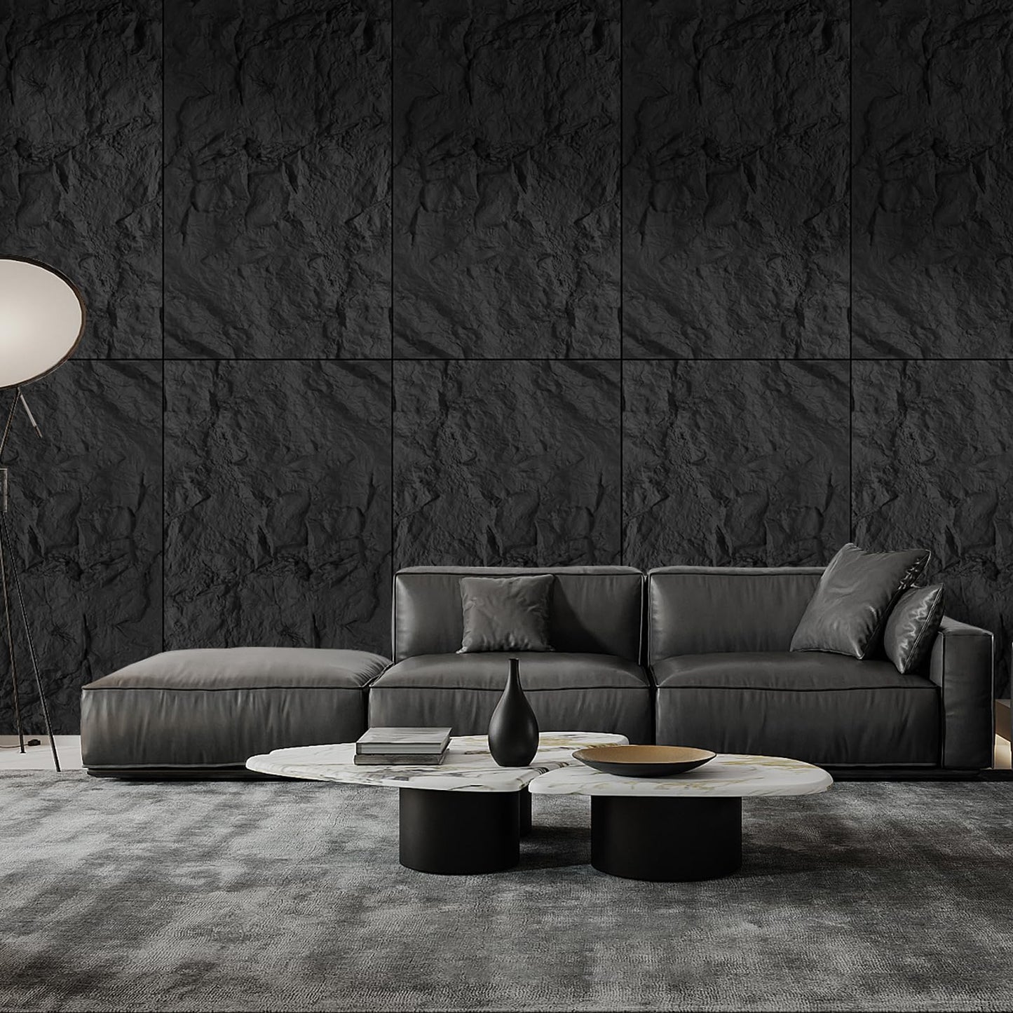 VESLARA 4 PCS Faux Stone Wall Panel 43.3’’ x 23.6’’ PU Wainscoting Panel with Mountain Rock Design 3D Wall Panel for Interior Wall Decor Bedroom Living Room Office Black