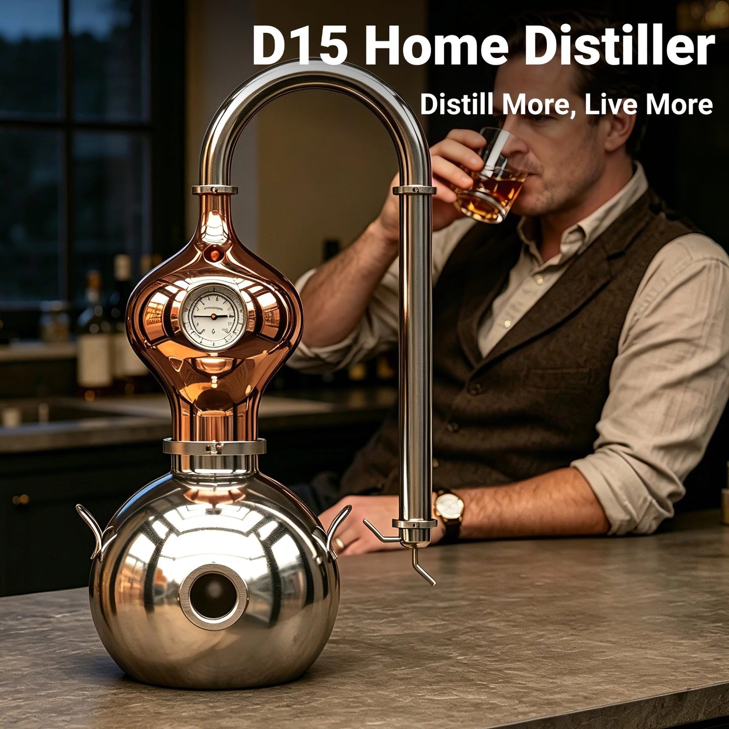 HOOLOO D15 Distiller Still for Home Use Kit 304 Stainless Steel Making Kit with Thermometer Hydrosol Essential Oil Alcohol Brandy Vodka 4Gal (D15-12Liters/3Gal -Direct fire Heating)