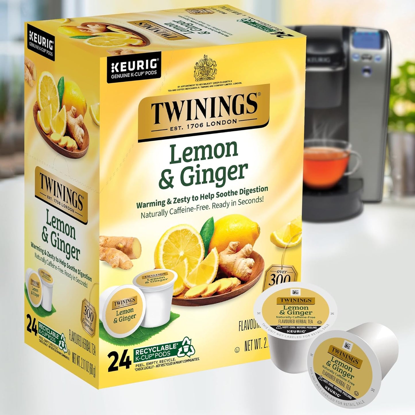 Twinings Lemon & Ginger Herbal Tea K-Cup Pods - Tangy & Spicy, Caffeine-Free, 24 Count