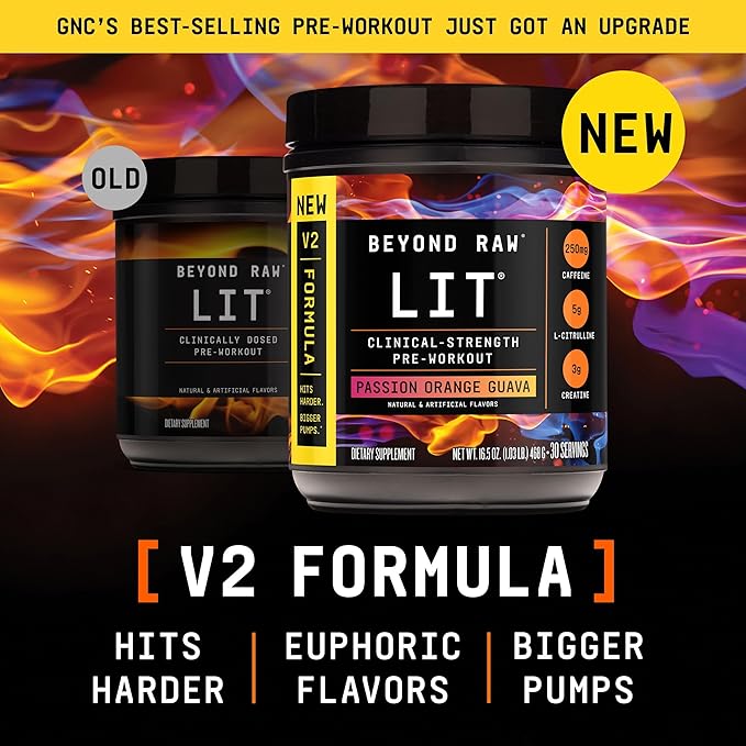 BEYOND RAW LIT V2 Clinical Strength Pre Workout Powder, Hits Harder, Bigger Pumps, Caffeine, L-Citrulline, Creatine, Passion Orange Guava, 30 Servings