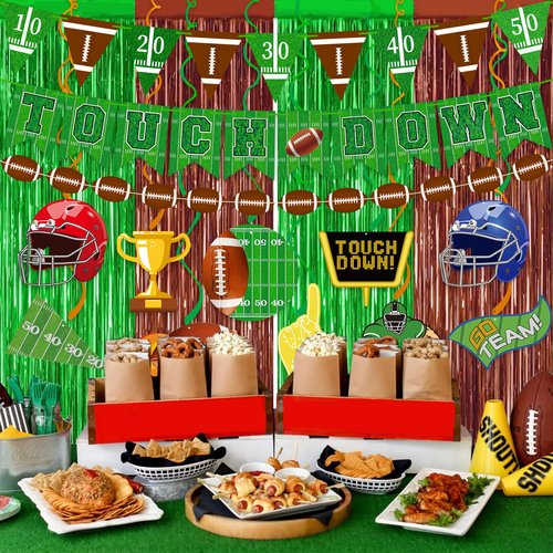 Football Party Decorations 25Pcs Brown Green Football Curtains Pre-Assembled Banner Hanging Swirl Spirals for Football Game Day Sunday Night Photo Booth Backdrops Theme Birthday Party Supplies Decors