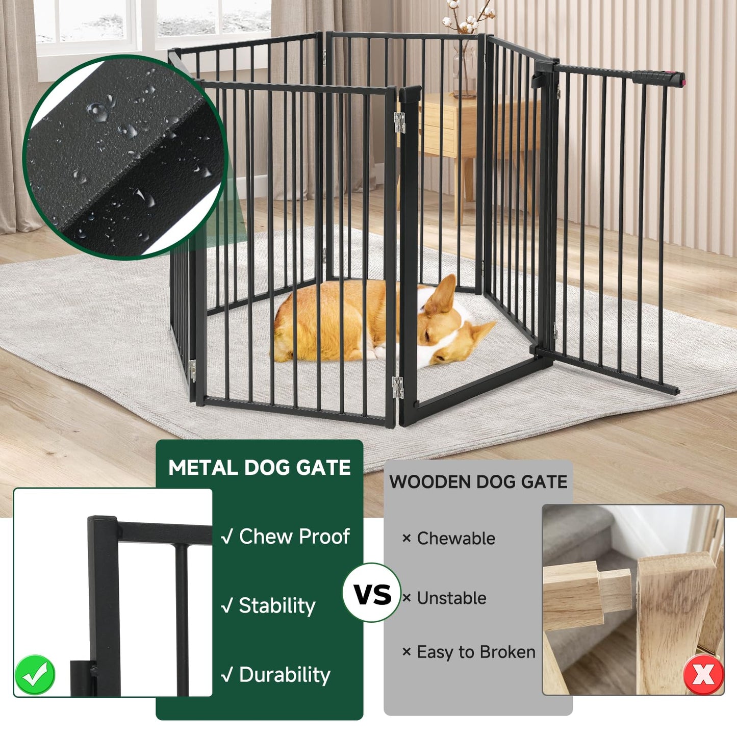 Snagle Paw Full Metal Freestanding Dog Gate with Door, 120” W x 32” H Pet Gate with Support Feet for Doorways, Stairs and Hallways, Portable Dog Fence for Indoor Use (32" 6 Panel, Black)