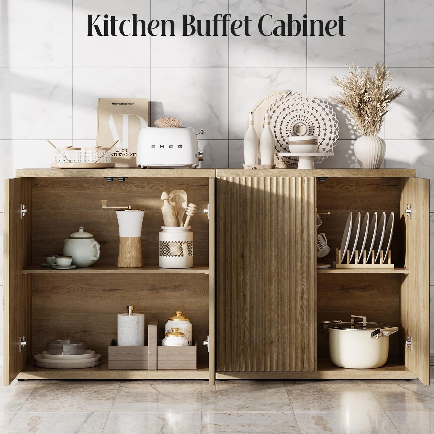 RUMBALUXY Fluted Buffet Cabinet Sideboard with Storage, Wooden Credenza with 2 Doors & Adjustable Shelf, Modern 15" Deep Accent Cabinet for Living Room, Kitchen Dining Room Entryway,Natural Oak