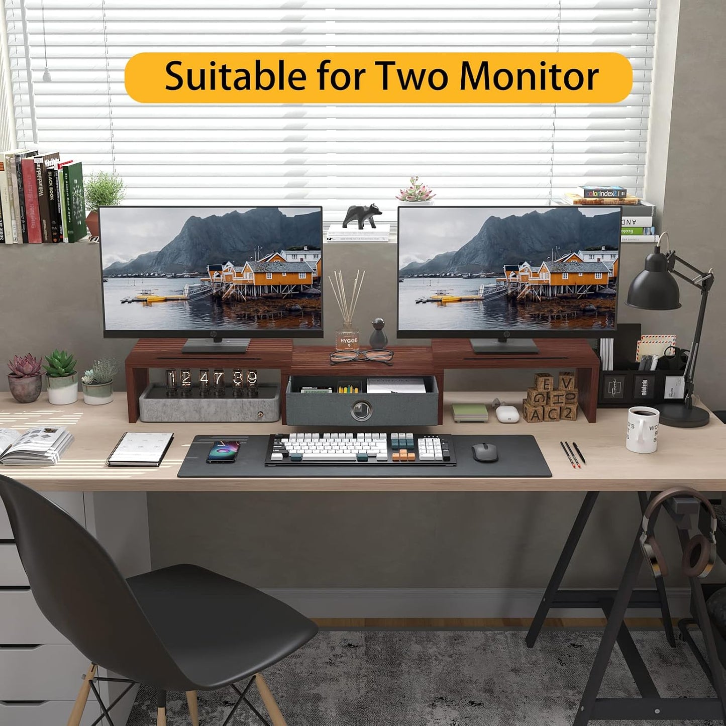 2 WESTREE Dual Monitor Stand Riser with Drawer - Adjustable Length and Angle, Phone Hold, Desktop Organizer
