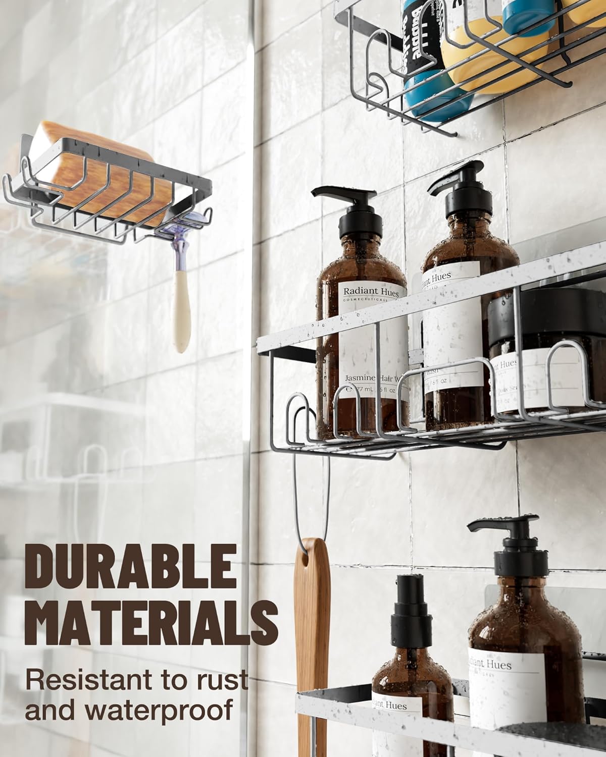 Veken Adhesive Shower Caddy - Heavy-Duty Wall-Mounted Organizer with Soap Dish & Toothbrush Holder | Silver, 5-Pack