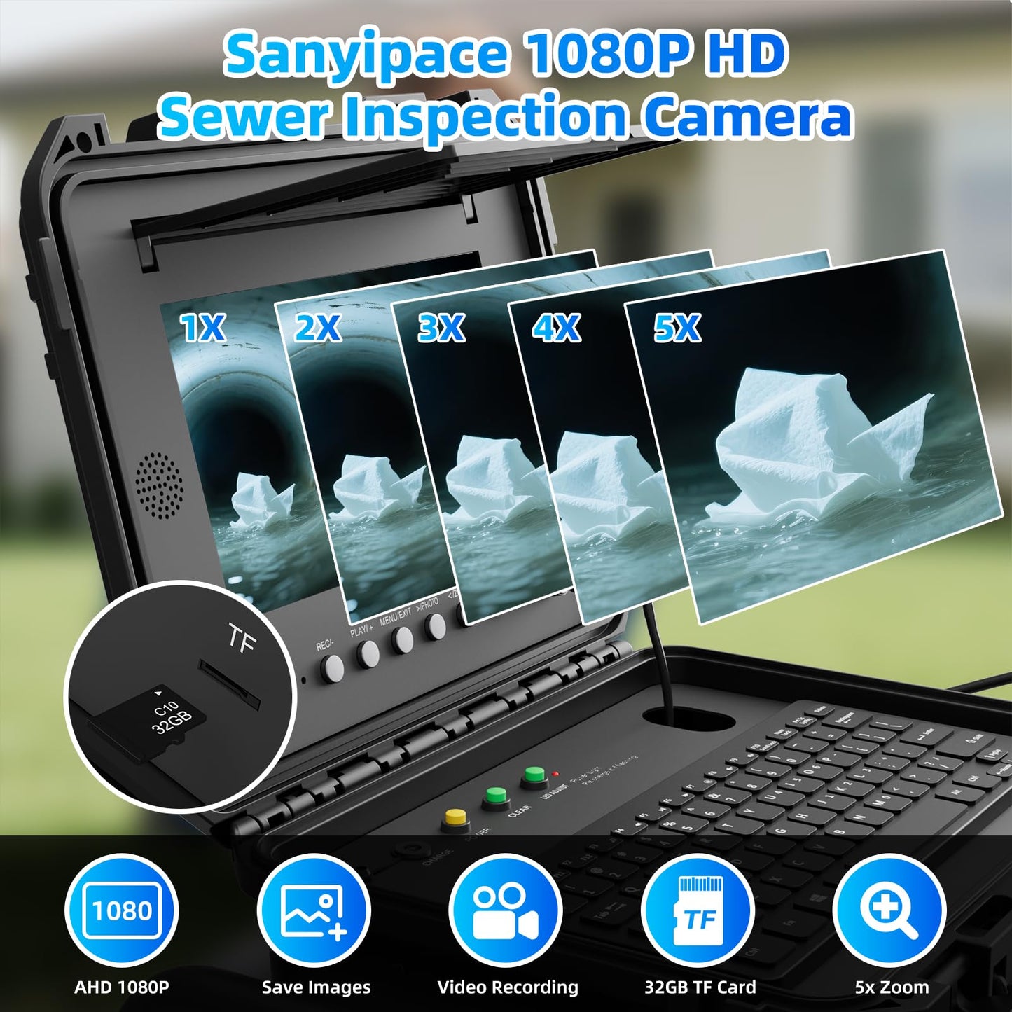 Sanyipace Sewer Camera 165FT/50M with 512Hz Transmitter,10" HD Screen,Self-Leveling,Distance Counter,Inspection Camera with [Mic+Speaker+Audio Video] Record,32GB,Ideal for Plumbers and Home(7mm Cable)