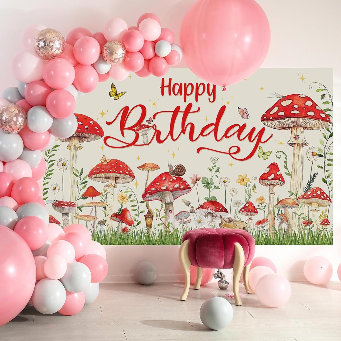 Mocsicka 70.8x43.3 inch) Mushroom Birthday Banner Backdrop Red Mushroom Birthday Party Banner Mushroom Birthday Party