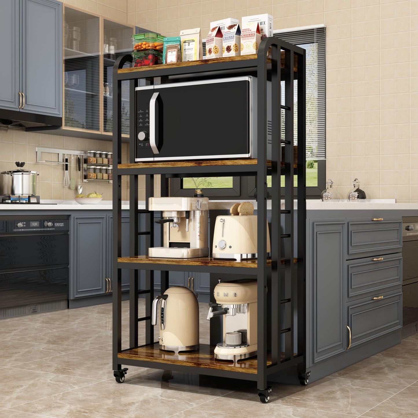 4-Tier Kitchen Baker's Rack with Rolling Wheels, Microwave Oven Cart Stand, Adjustable Utility Shelving Storage Unit, Heavy Duty Organizer Rack for Living Room, Garage, Home and Office(Brown)