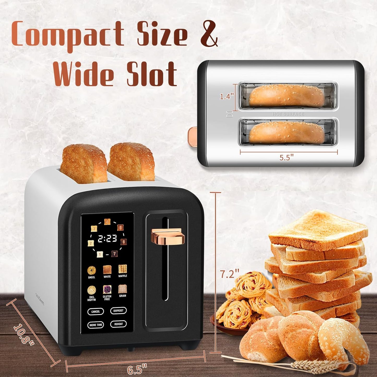 SEEDEEM 2-Slice Toaster - Touch Screen, 7 Shade Settings, 1.5” Wide Slots, Dark Chocolate Finish