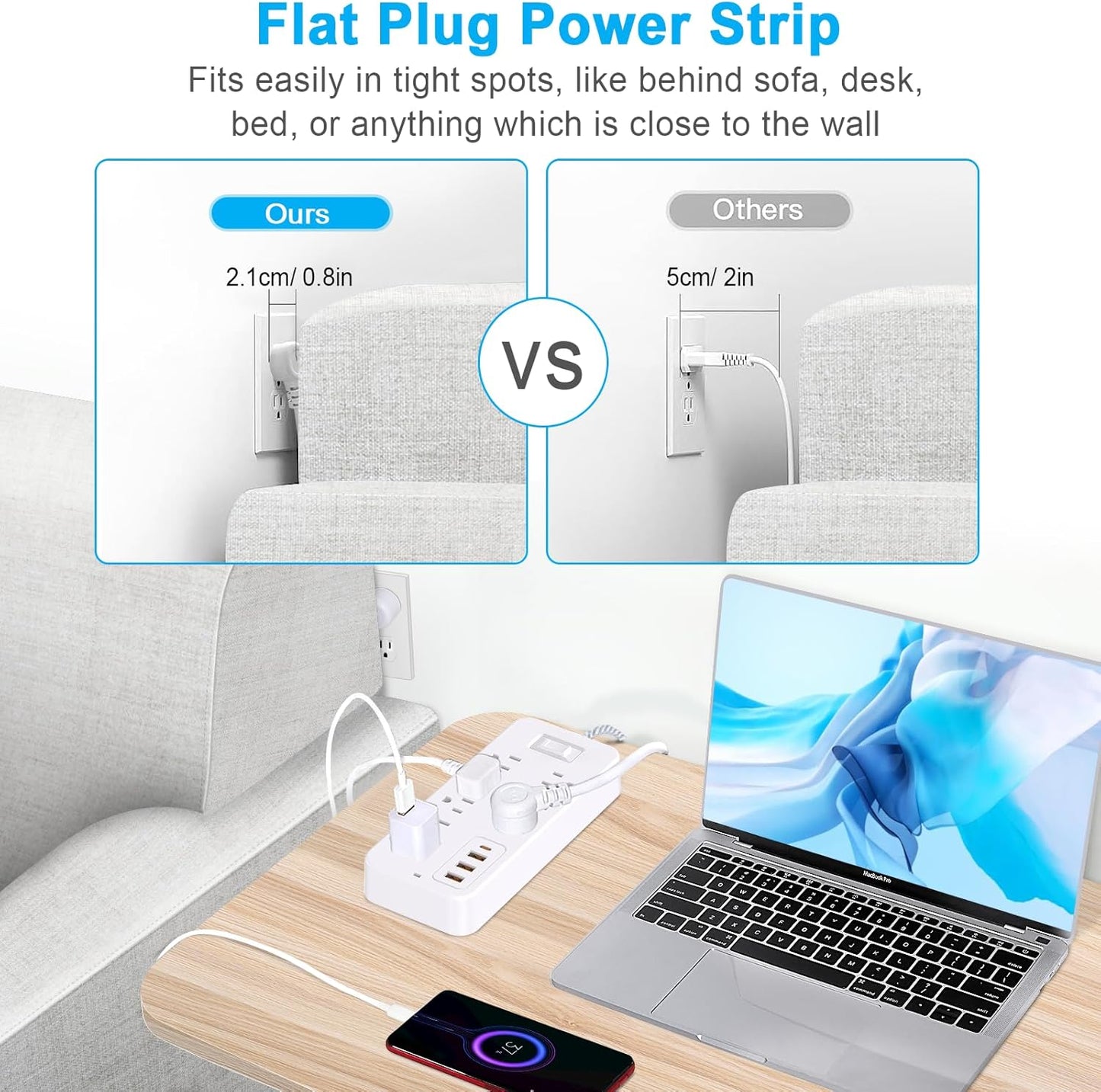 Roopersnake 8 4 Ports(1 Bluetooth Portable Speakers Extension Cord Surge Protector Power Strip - Flat Plug Braided