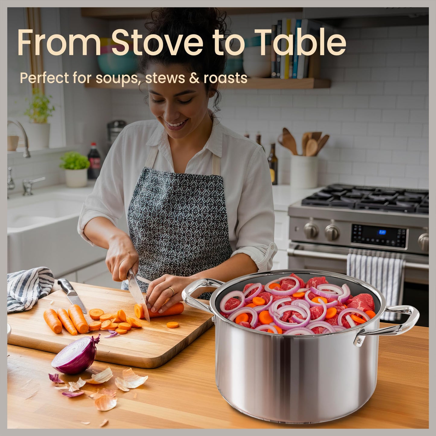 Stainless Steel Stockpot with Tempered Glass Lid 12 Quart, Durable 18/0 Stainless Steel, Impact-Bonded Base for Even Heating, Riveted Handles, Oven & All Stove Compatible, Safe Up To 500°F (260°C)