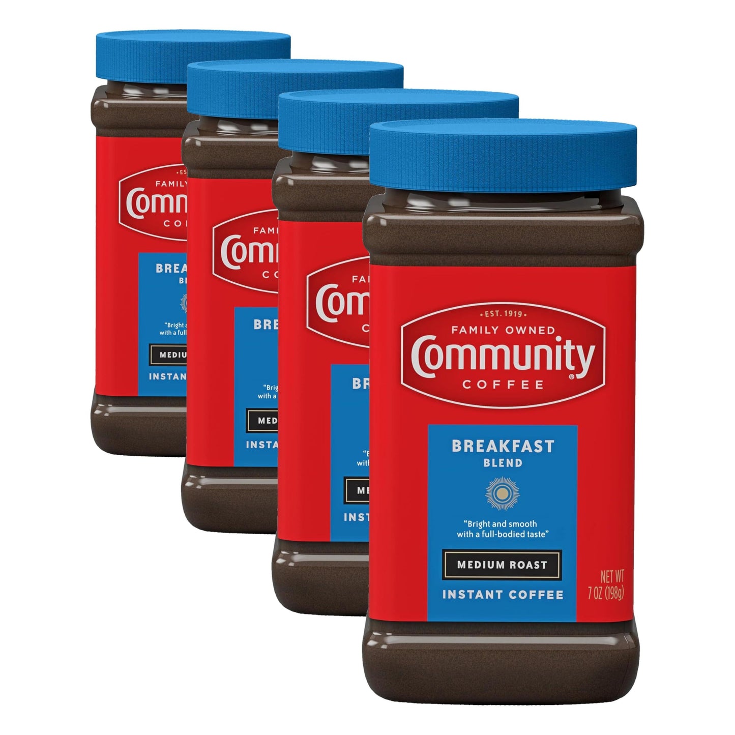 Community Coffee Breakfast Blend Instant Coffee, Medium Roast, 7 oz Jar (Pack of 4)