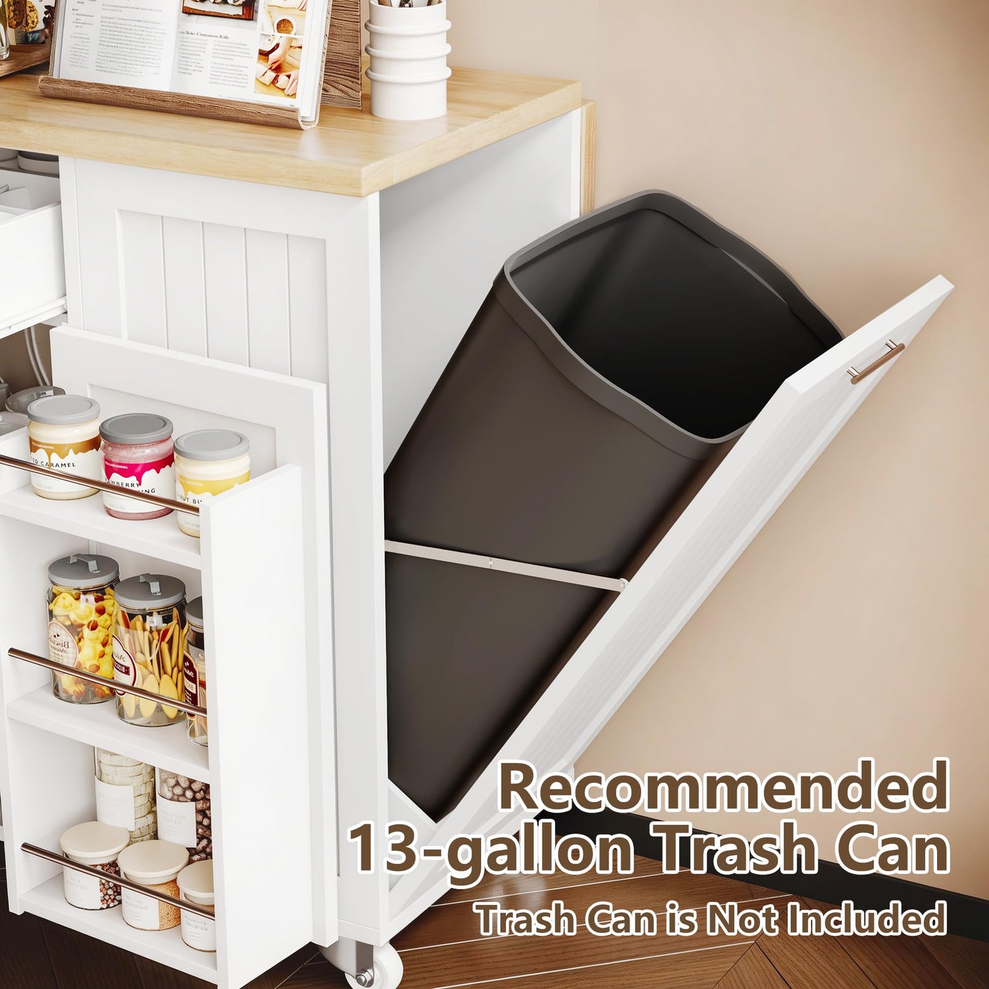 TEROL Kitchen Island with Outlet, Rolling Kitchen Cart Storage on Wheels with Drop Leaf, Trash Can Area, Spice Rack, Towel Bar, Adjustable Shelf, Drawer, Mobile Island Table for Kitchen