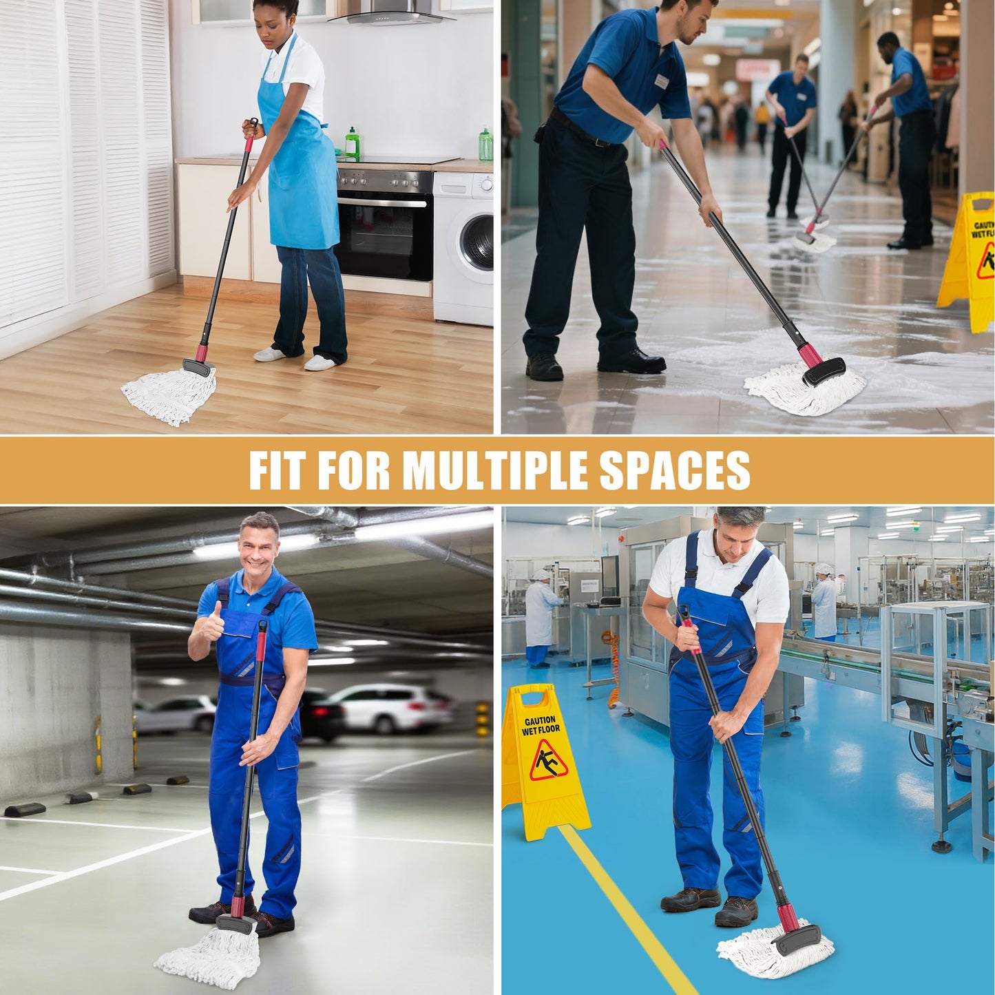 IOPRETTY Commercial Mops for Floor Cleaning - Looped-End Heavy Duty Wet Mop with Long Handle for Hardwood Wood Tile Vinyl - Reusable Cotton Head for Home Garage Kichen Bathroom