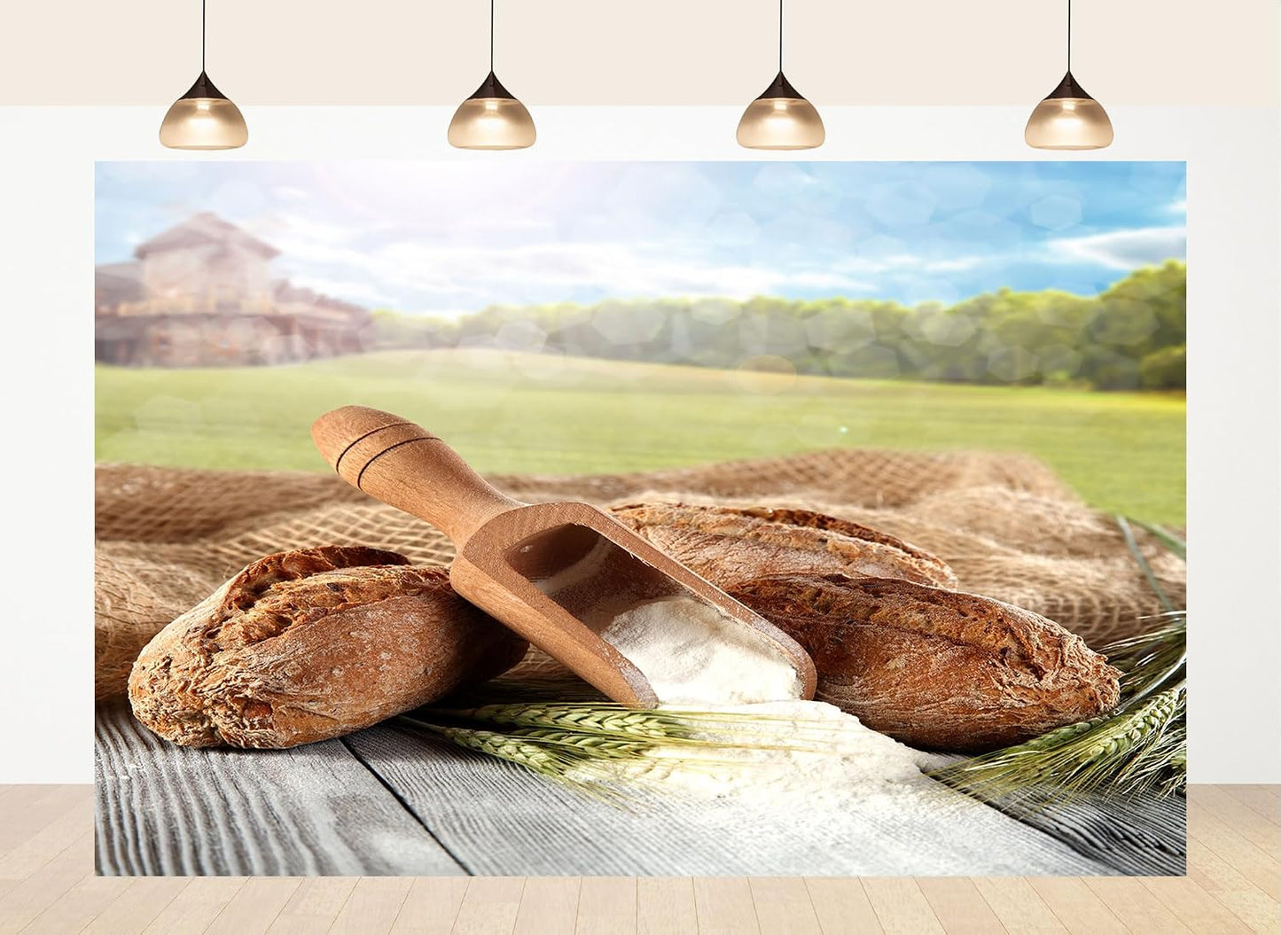 LidyMini 10x8ft Fabric Rustic Bread & Flour Backdrop Wooden Scoop Wheat Ears Farmhouse Background Artisanal Baking