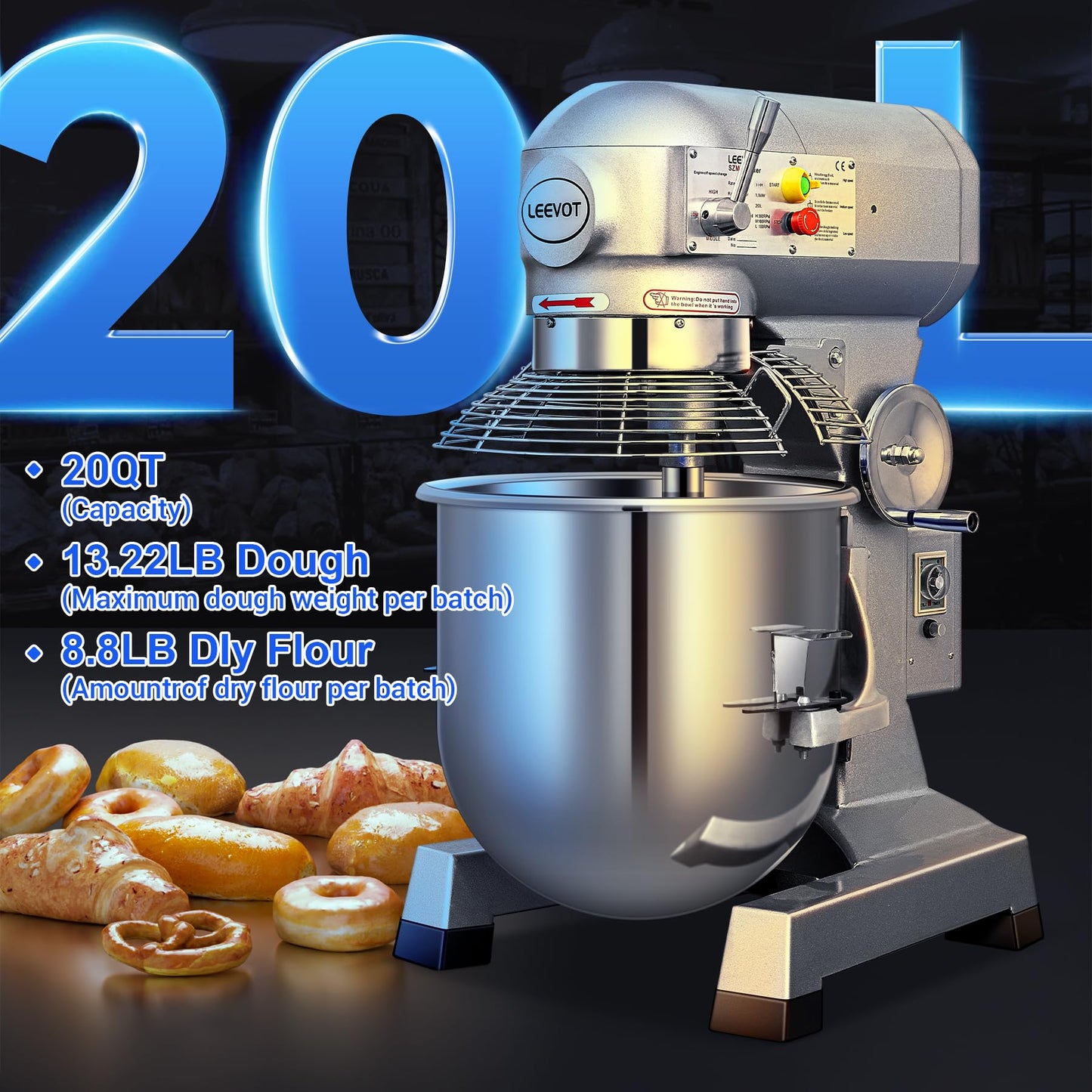 EKway 20Qt Commercial Stand Mixer with Timing Function,1100W Commercial Mixer 3-Speed Adjustable,Electric Stand Commercial Dough Mixer with Stainless Steel Bowl for Bakery Pizzeria