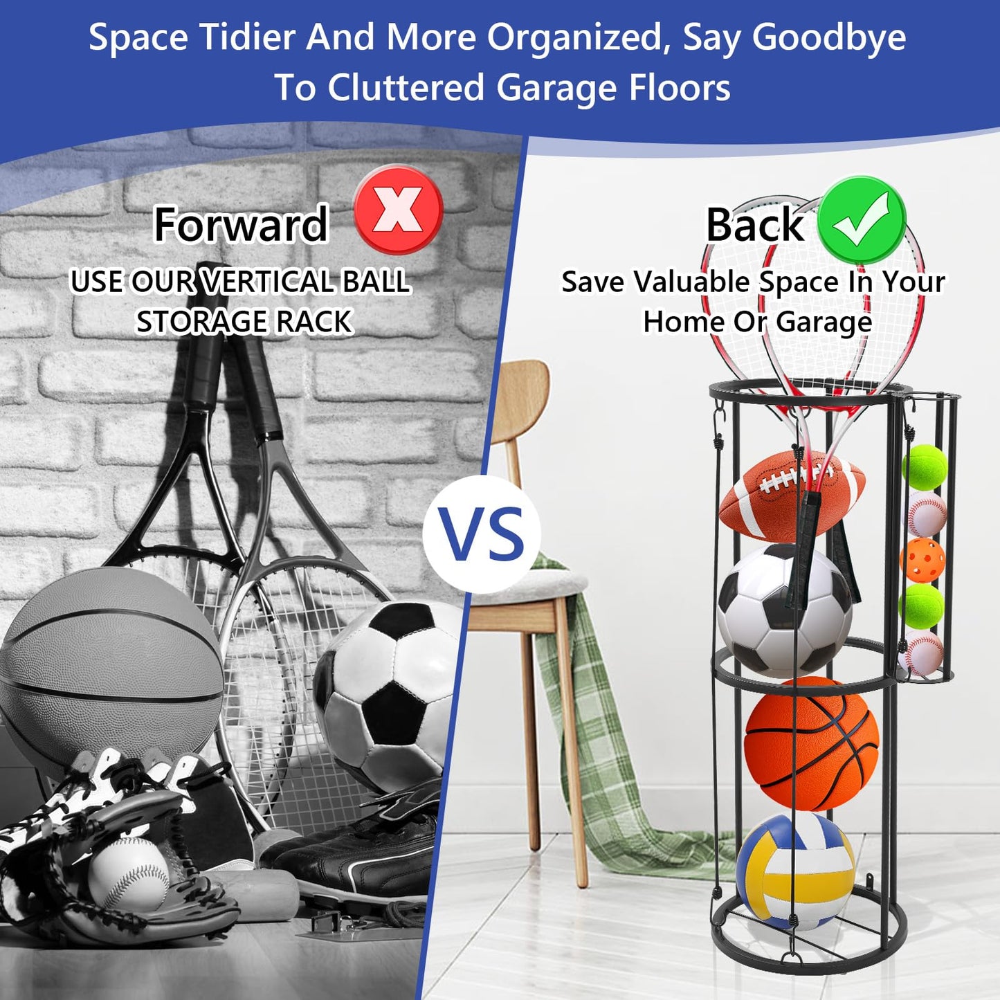 AWZITUO Garage Ball Storage Rack - Wall Mount Vertical Basketball Rack with Small Ball Holder for Soccer, Volleyball, Football - Space Saving Sports Organizer for Storage, Home, Basement, Outdoor