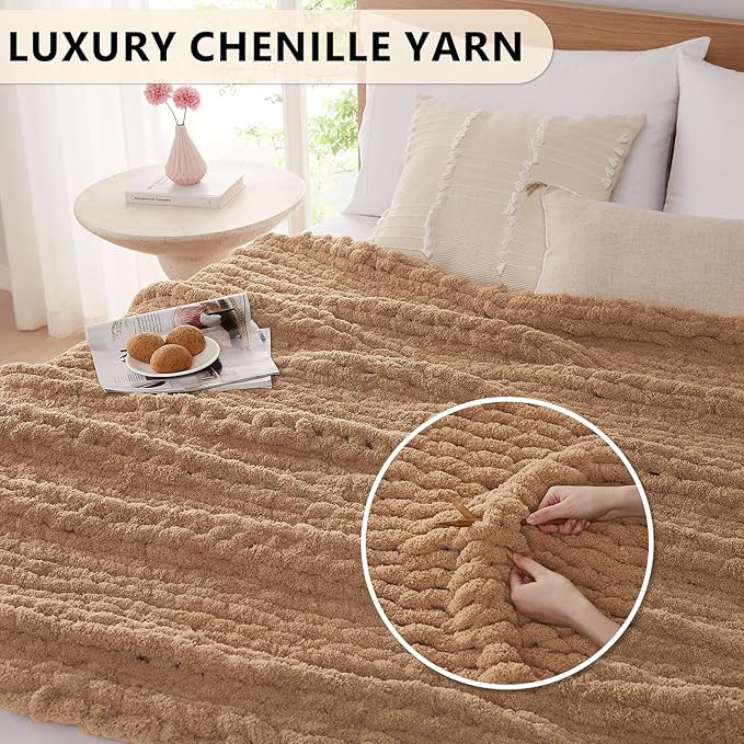 L'AGRATY Chunky Knit Blanket Throw: 60''x80'' Chenille Chunky Knitted Throw Blanket for Bed Couch - Handmade Thick Big Cable Knit Blanket - Large Crochet Rope Blankets for Home Decor(Tan)