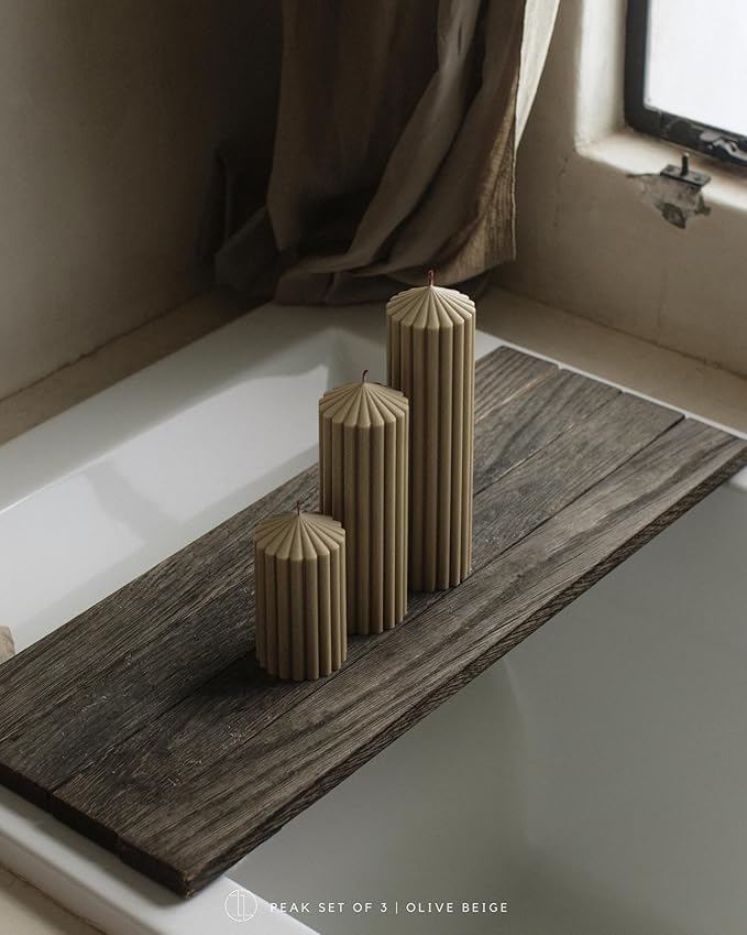 LAWA Ribbed Peak Pillar Candle - Large Beautiful Handmade Pillar Scented Soy Wax Candle Elegant Bubble Aesthetic Candle Housewarming Gift Home Room Shelf Decor Idea White (Set of 3, Olive Beige)