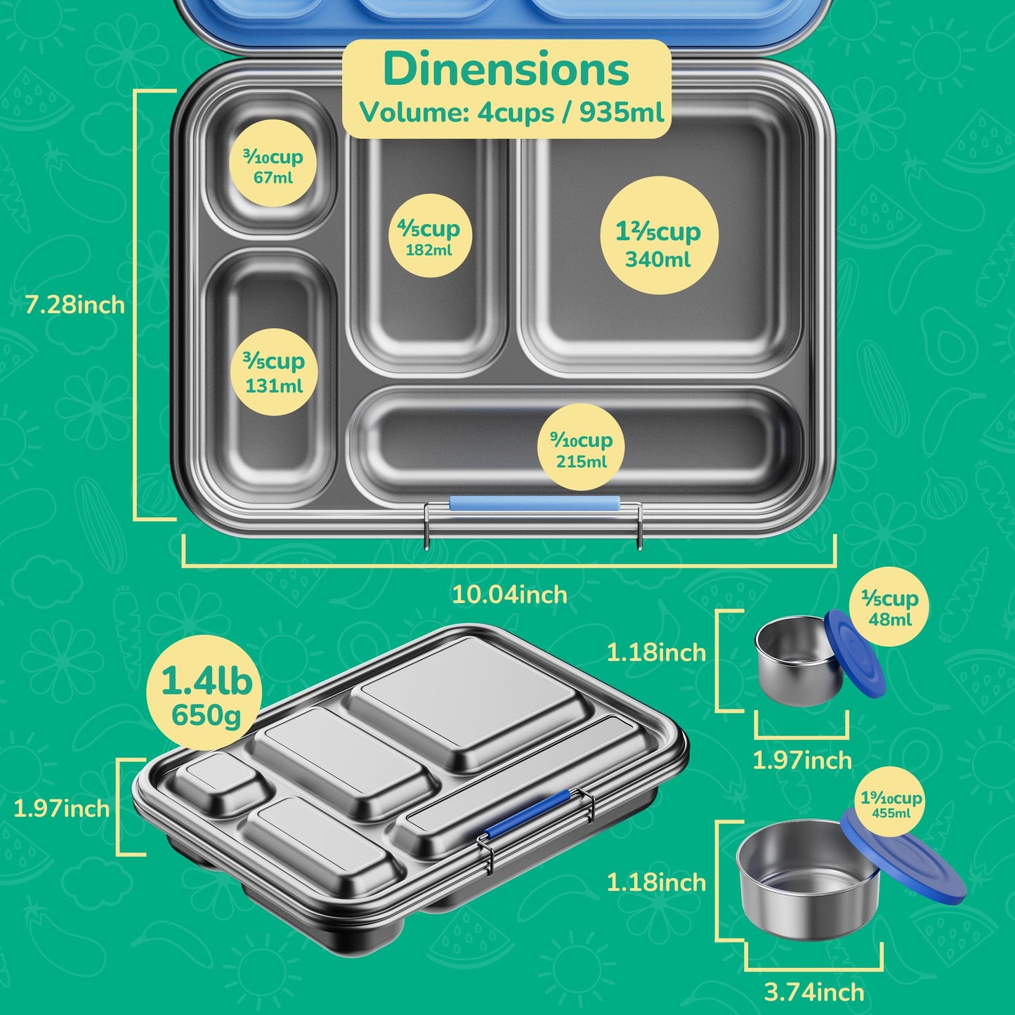 AOHEA Stainless Steel Bento Box Kids, Kids Metal Bento Lunch Box BPA Free Lunch Box Containers 304 Stainless Steel Bento Box for School and Office(Bule)