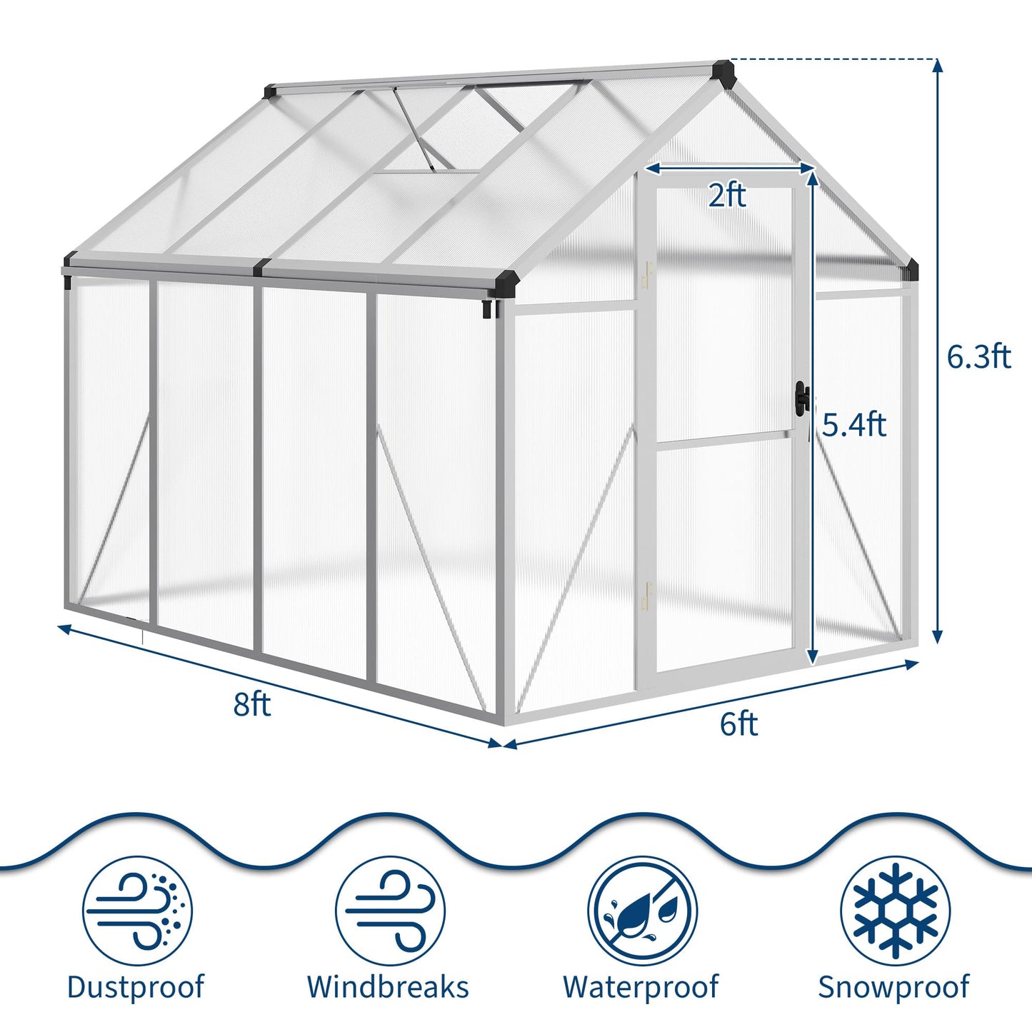 6X8FT Greenhouse, Aluminum Polycarbonate Outdoor Green House, Green Houses for Outside with Sliding Doors, Ajustable Roof Vent, Withstands Bad Weather for Garden, or Backyard, Silver
