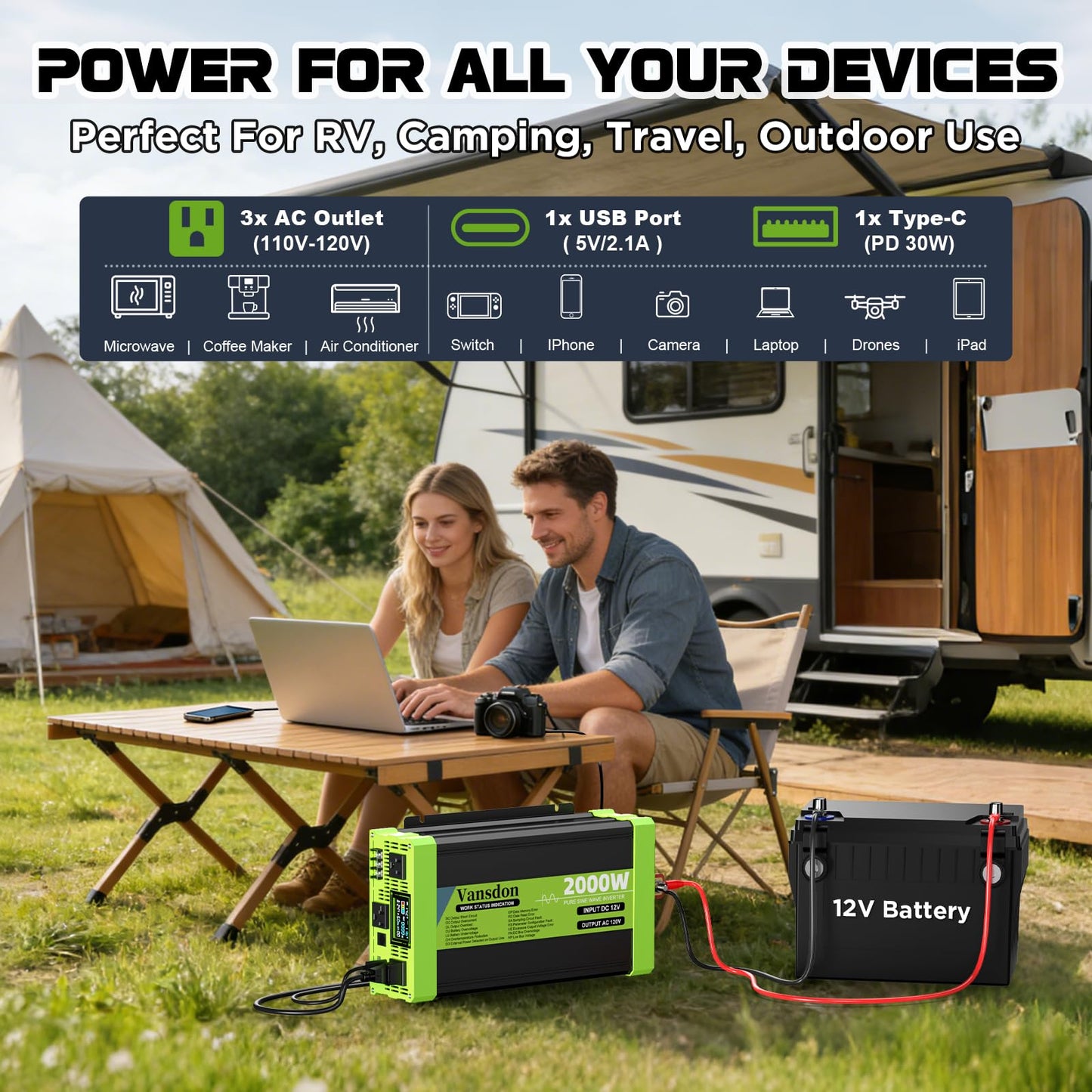Vansdon 2000W Pure Sine Wave Inverter 12V DC to 120V AC Inverters for RV,Truck, Solar, Home, Off-Grid, Car Power Inverter with LCD Display, 3 AC Outlet, 30W USB-C, USB, Remote Control, Surge 4000W