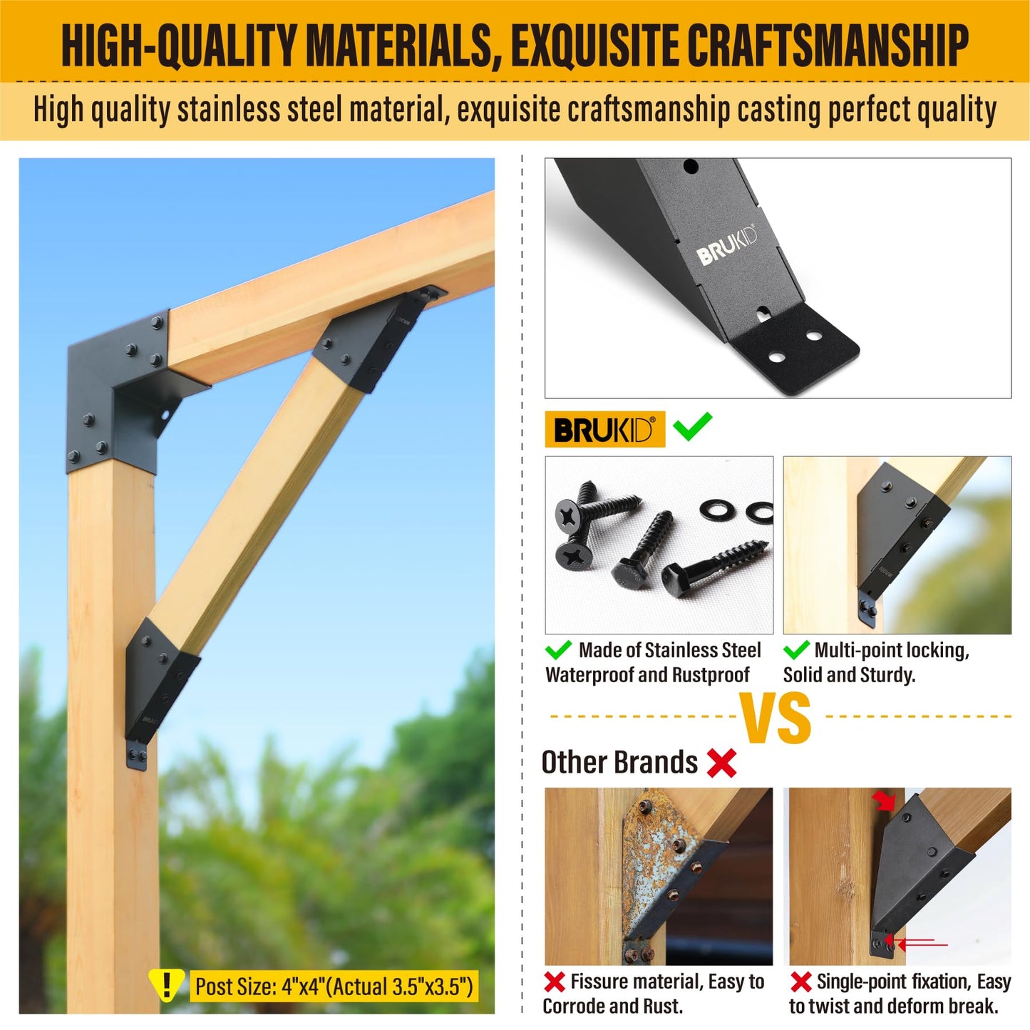 Brukid 4pc 45°-Degree Angle Support Bracket, 2x4 (Actual 1.5''x3.5'') Angle Bracket, Suitable for Pergolas, Gazebo, Deck Porch, Cabin Elevated Wood Support Bracket kit (Frosted-Black)