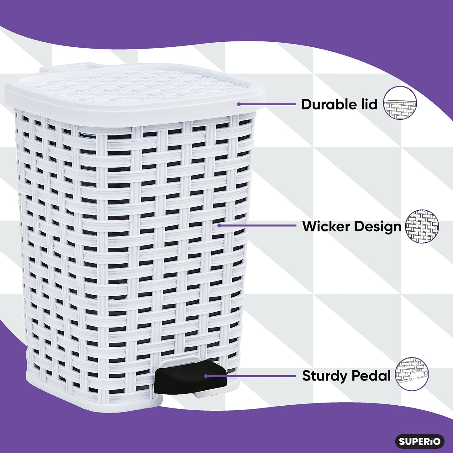 Superio Small Outdoor Trash Can with Lid for Dog Poop 3 Gallon/12 L Mini Plastic Garbage Can with Foot Pedal for Bathroom, Bedroom, Office, Patio, Wicker White, 8 Pack