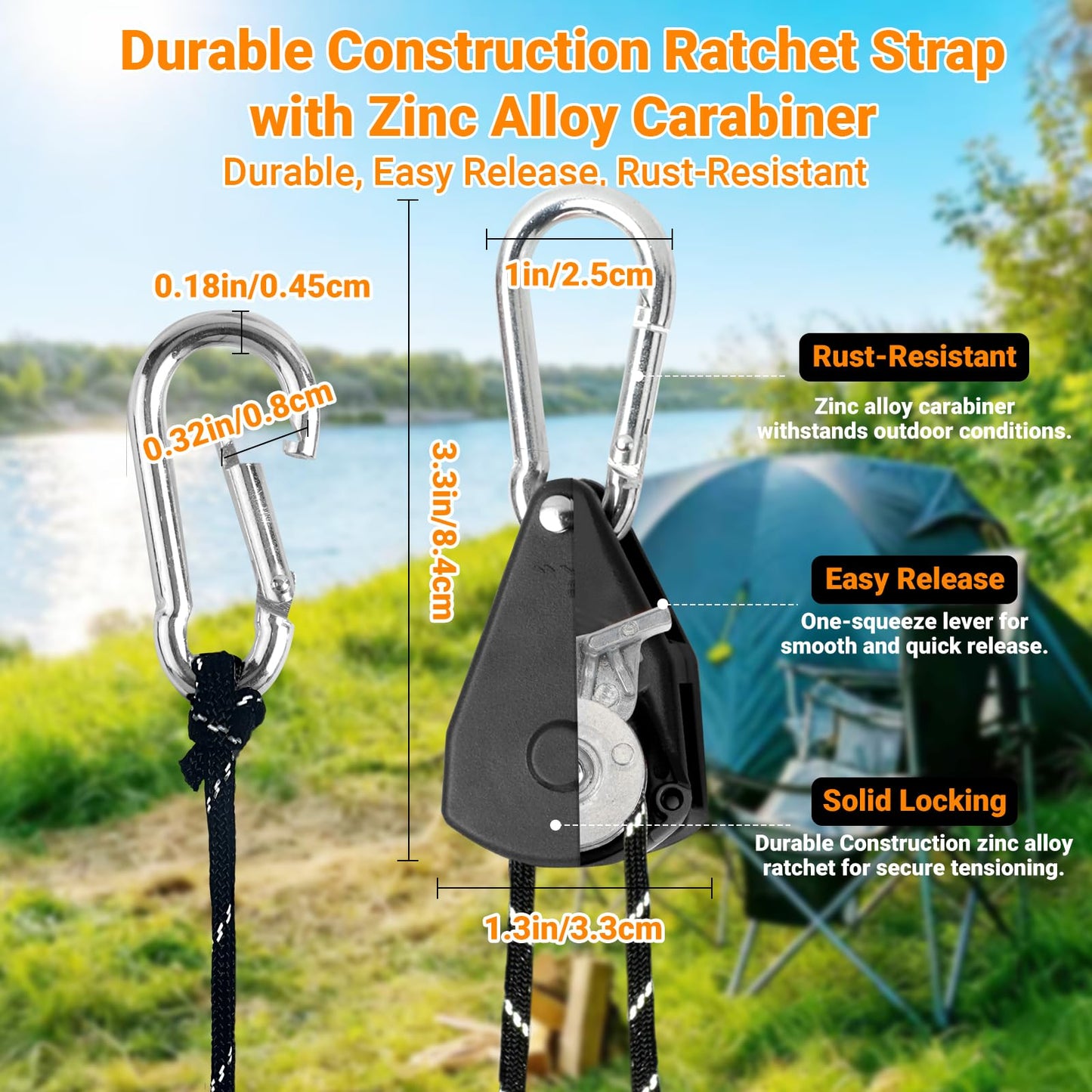 Longer 15ft Paracord Rope Tie Down Ratchet Strap Small Reflective Portable Adjustable Fix Camping Rope Tent Tarp Tie Downs Grow Plant Light Hangers Pulley Tightener Tensioner Adjuster 1/8in 4Pack