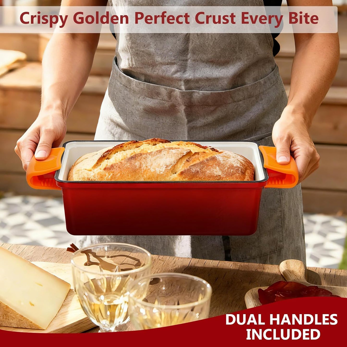 Wildone Enameled Cast Iron Bread Loaf Pan - 9x5 Sourdough Baking Set with Lid, Red, Even Heating