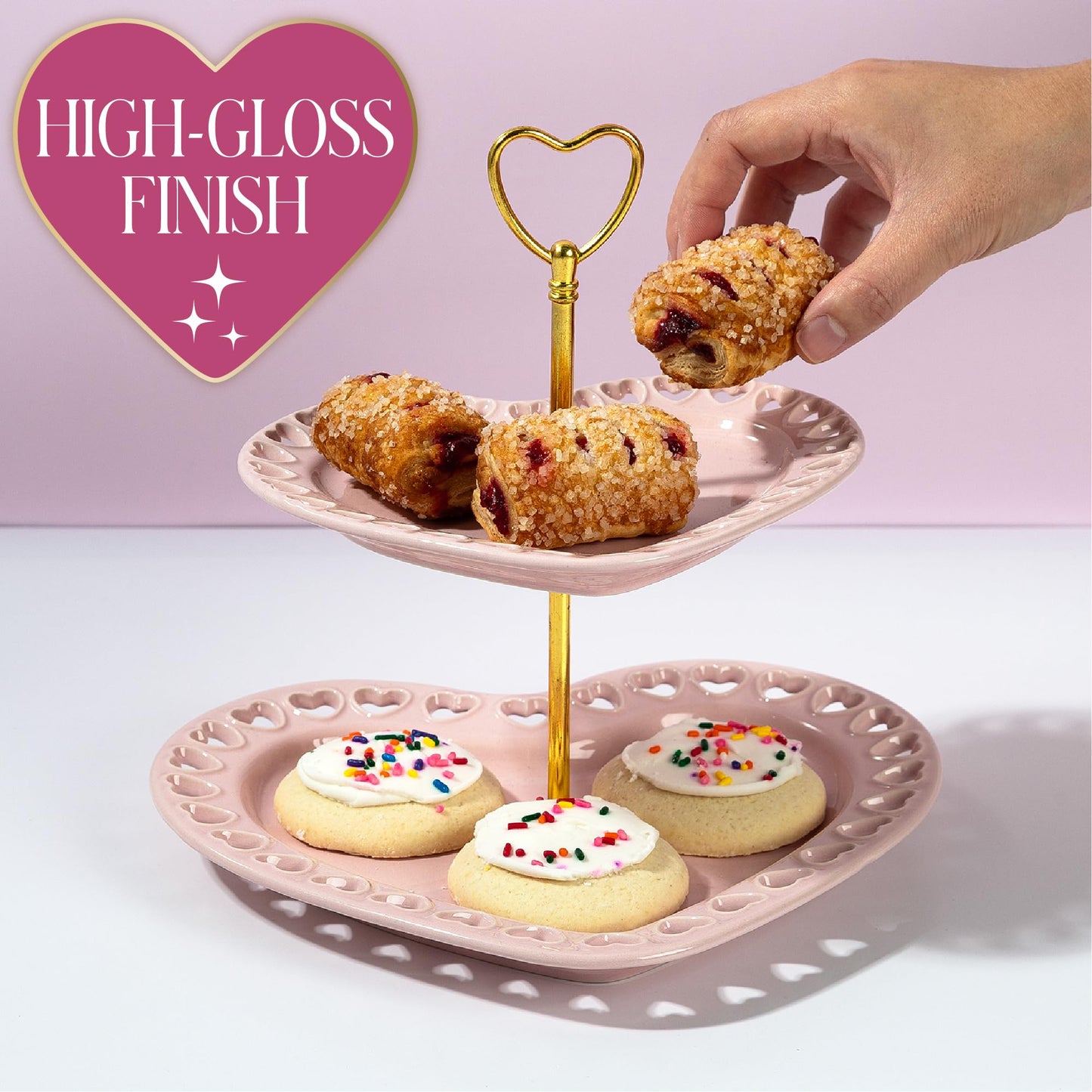Paris Hilton 2-Tier Heart Serving Tray, Iconic Ceramic Stoneware with Metal Handle, Easy Assembly for Stylish Display, 9-Inch and 7-Inch Plates, Pink