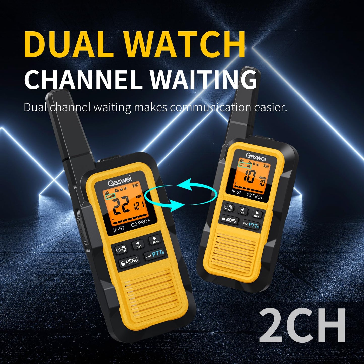 Gaswei G2pro+ IP67 Waterproof Floating Heavy Duty Walkie Talkies Long Range for Adults FRS Double PTT，FM radio,SOS,NOAA weather Rechargeable Two Way Radios 2 watts,VOX,Li-ion Battery (2 Pack - Yellow)