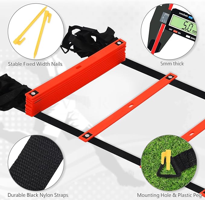 Fixed Rung Agility Ladder - 20ft 12 Rungs No Tangle Speed and Agility Training Equipment for Soccer Footwork Training with Carrying Bag/Ground Stakes for Adults Youth Kids