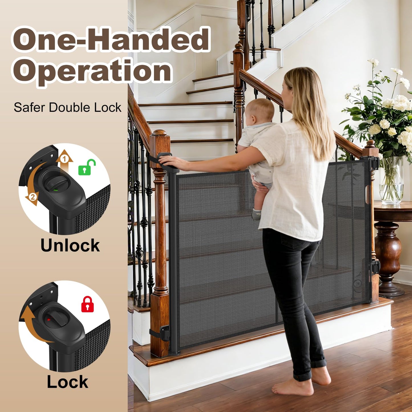 Upgraded Retractable Baby Gates for Stairs & Banister, Mesh Dog Gate Indoor, Extends to 55" Wide 33" Tall, Child Safety Gate for Stairway, Banister & Wall Mount (Black)