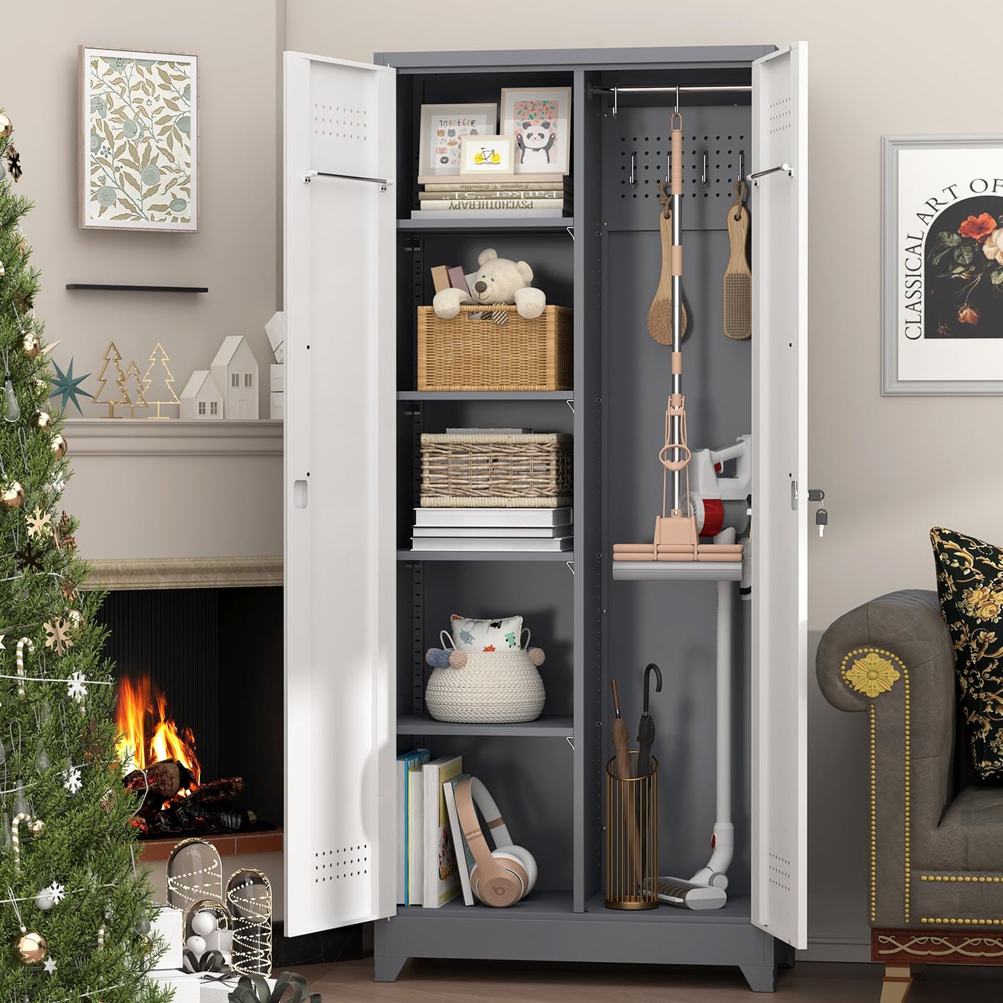 IRONFFICE Metal Storage Cabinets with Doors and Shelves,Tall Broom Closet Storage Cabinet with Pegboard,Utility Tool Cabinets,Steel Locking Cabinets for Home Office,Basement,Laundry,Grey-White