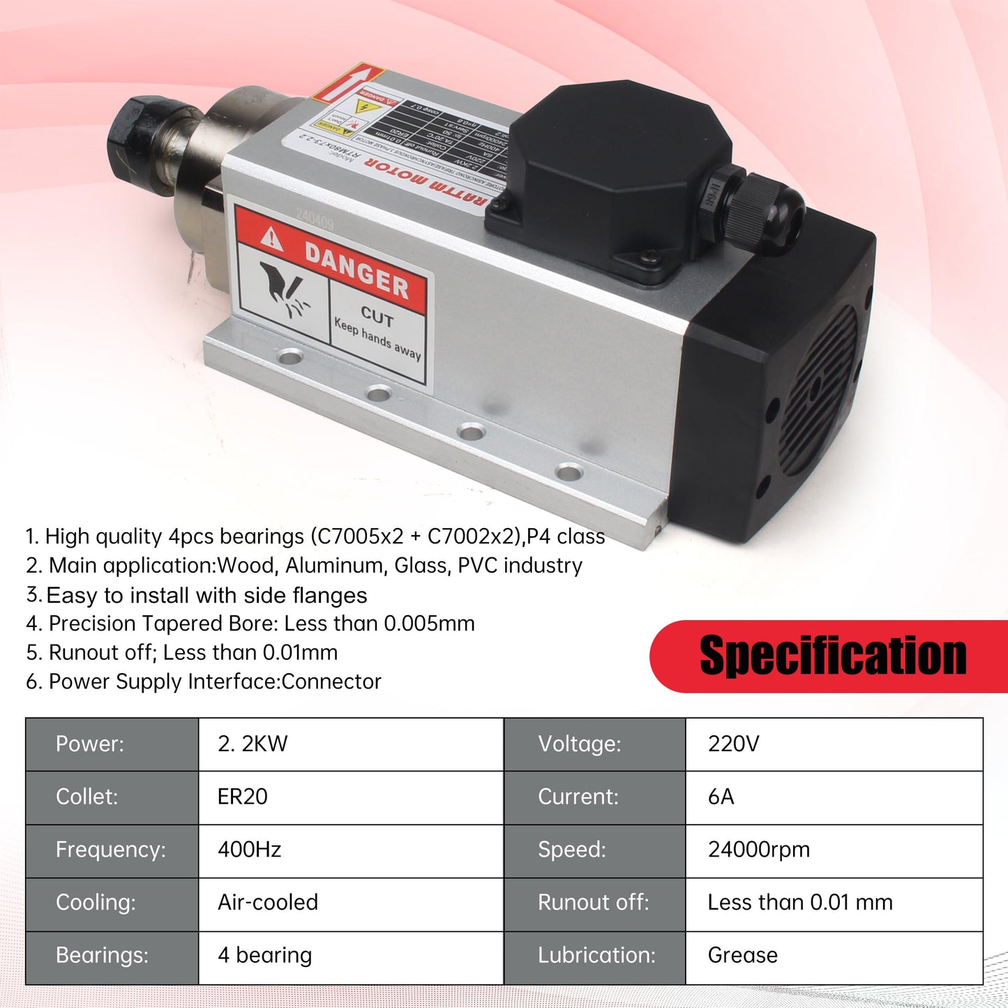CNCTOPBAOS 2200W 220V CNC Router Spindle Motor,Square 2.2KW Air Cooled Spindle Motor ER20 400Hz 24000rpm 4 Bearings for CNC Milling Machine Engraving Cutting Wood,Plastic,Aluminum,Acrylic,PVC etc