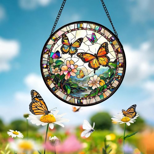 DASTOLL Stained Glass Suncatcher - Butterflies Flying in the Sky | 9.8-Inch Decorative Window Hanging for Home, Gifts for Mom