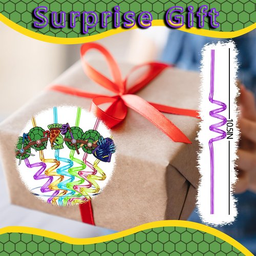 24PCS Green Turtles Birthday Party Plastic Straws for Teenage Cartoon Turtle Party Favors, Reusable Crazy Straws with 6 Style Patterns for Kids Party Supplies with 2 Brushes