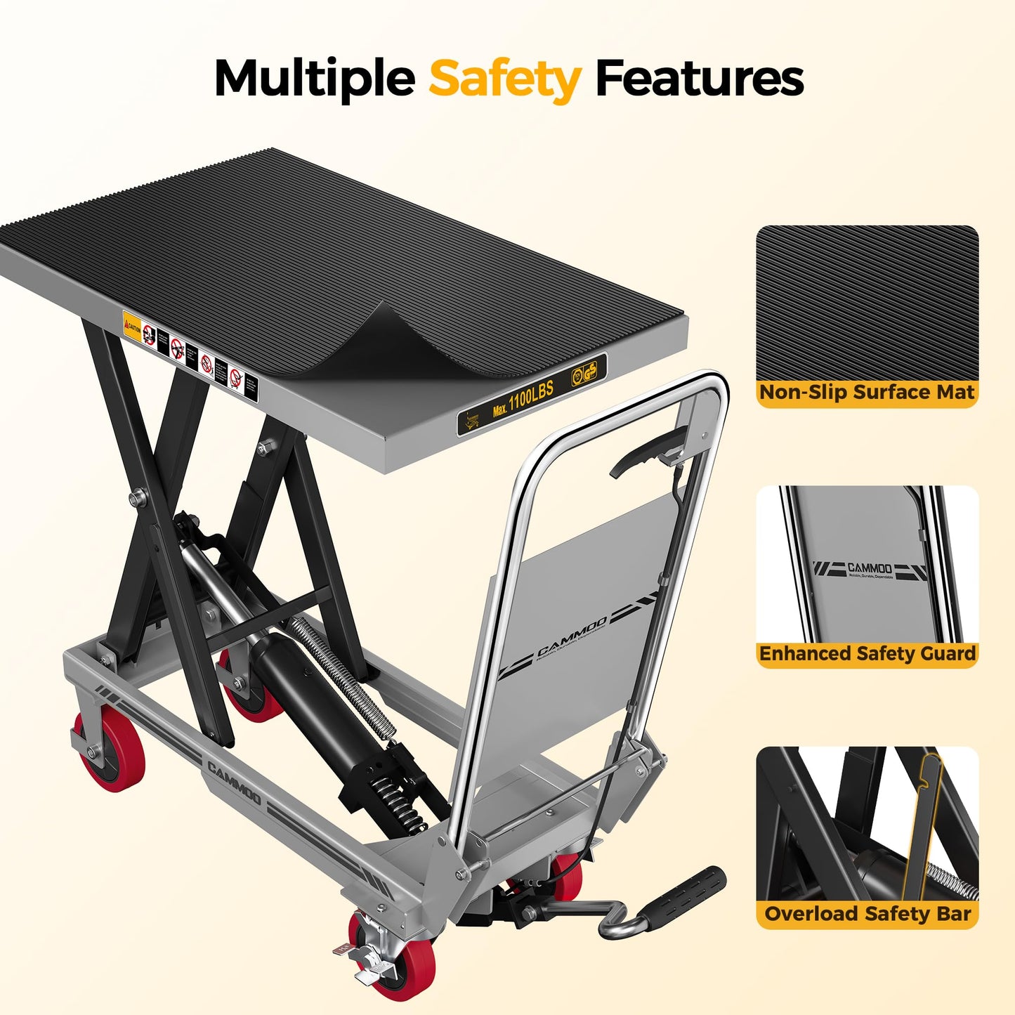 Hydraulic Lift Table Cart, 1100lbs Capacity, 34.7" Lifting Height, Single Scissor Lift with Non-Slip Pad & Safety Guard Foldable Handle for Material Handling and Transportation, Gray