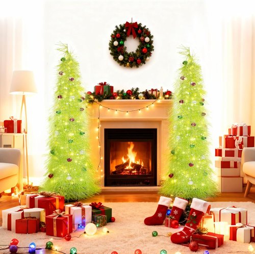 BrilliantJo 5ft Christmas Tree - Collapsible Tinsel Design with Light Balls & Ornaments | Fruit Green Holiday Decor