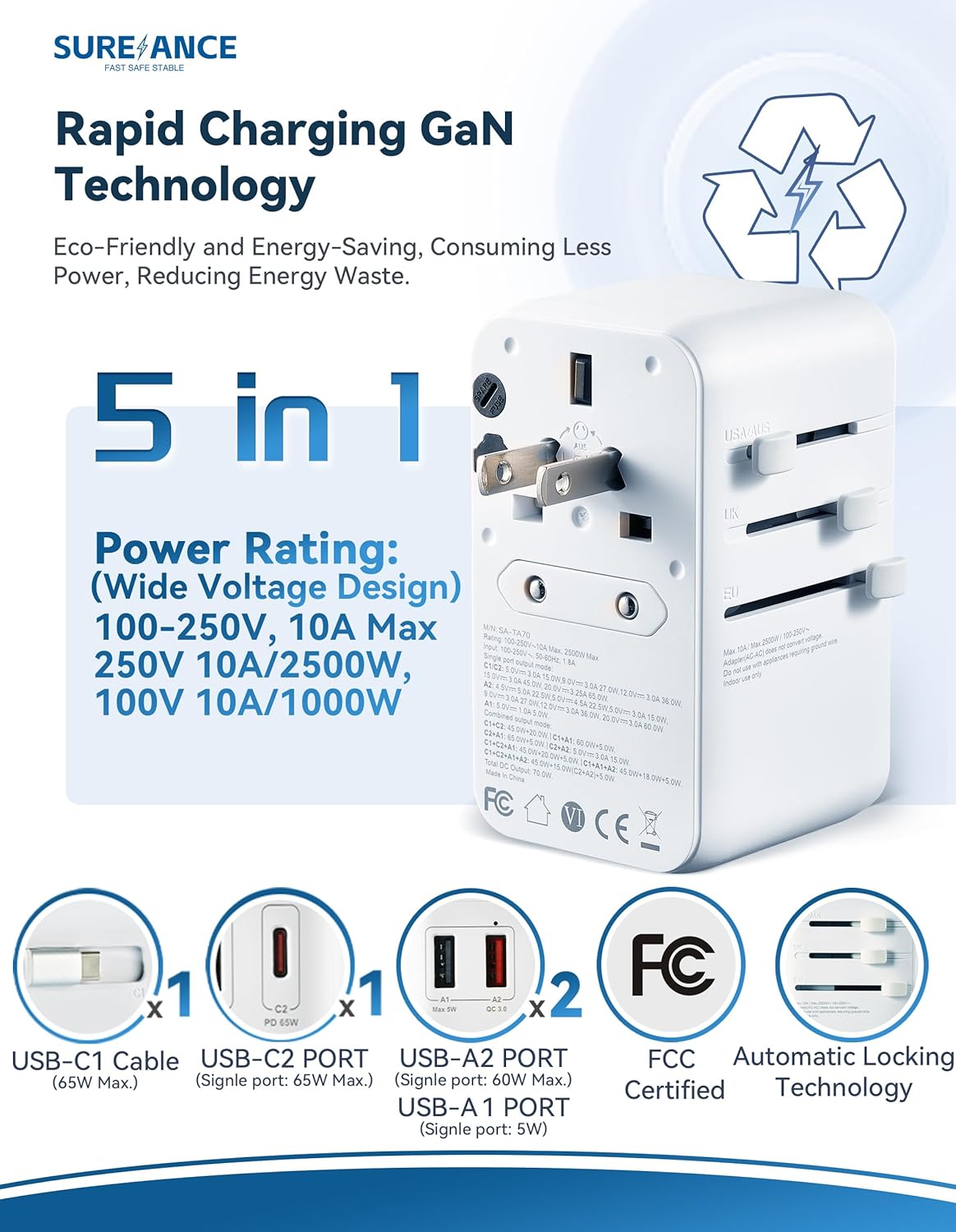 SUREANCE 70W 65W 1XUSB-C 2XUSB-A Universal Travel Adapter, Plug Adapter with One Fast Charging USB C Cable, PD & QC
