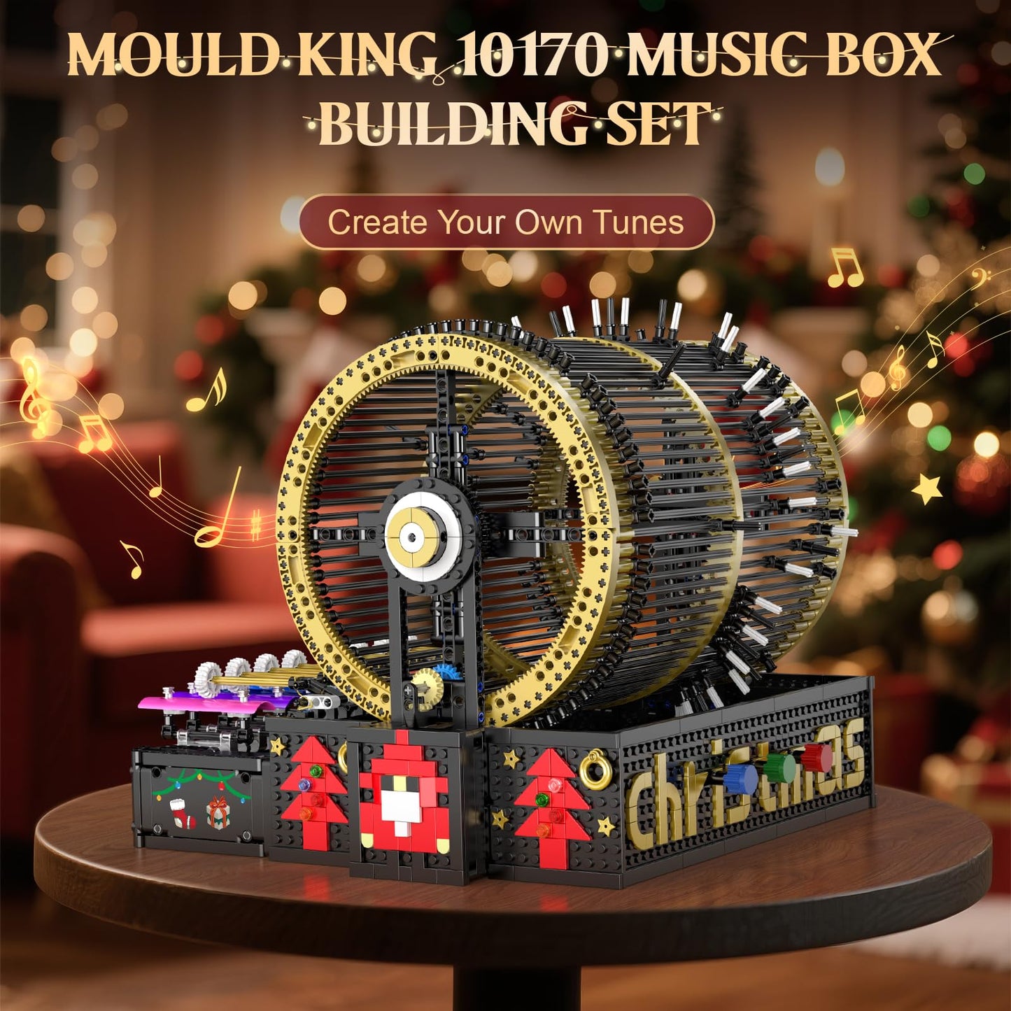 Mould King 10170 Music Box Building Sets, 2344+ PCS Rotating Christmas Music Box with 4 Speed Adjustable Mode, Black Gold Design with Festive Patterns, Collectible Decoration Gift for Adults Age 14+