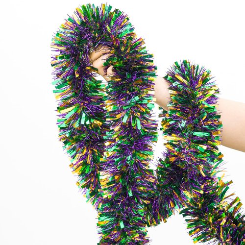 50FT Mardi Gras Tinsel Garland, Purple Green Gold Metallic Twist Foil Tinsel Garland Glitter Hanging Garland for Mardi Gras Carnival Party Christmas Tree Indoor Outdoor Decoration